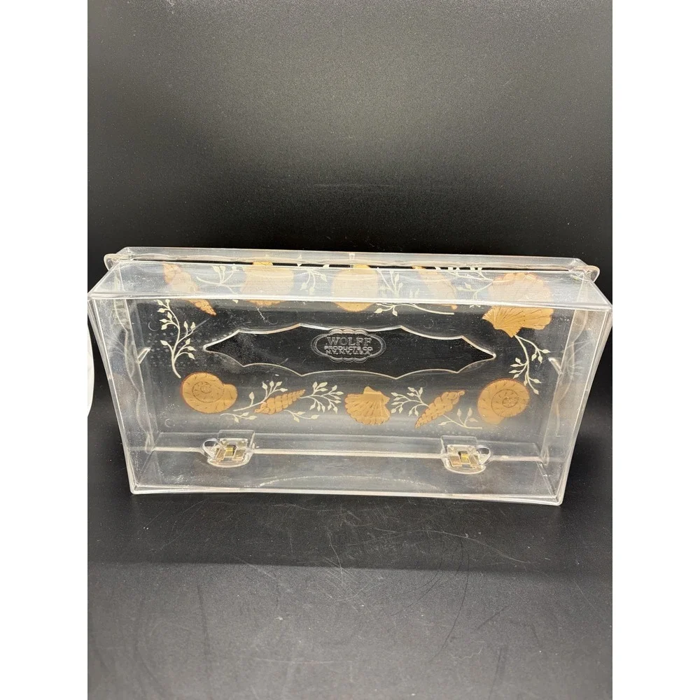 Wolff Tissue Box Holder Cover Clear Lucite Acrylic Plastic Peach Seashells